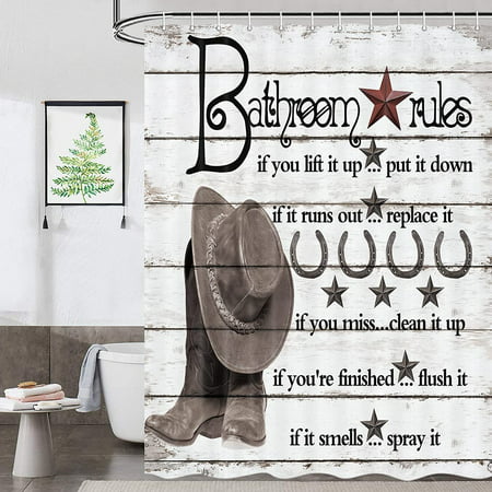 Western Gray Shower Curtain 69x70inches Bathroom Rules Funny Quotes Rustic Cowboy Hat Boot Rusty Star Horseshoe Vintage Farmhouse Rural Fabric Bathroom Shower Curtain with Hooks Sets